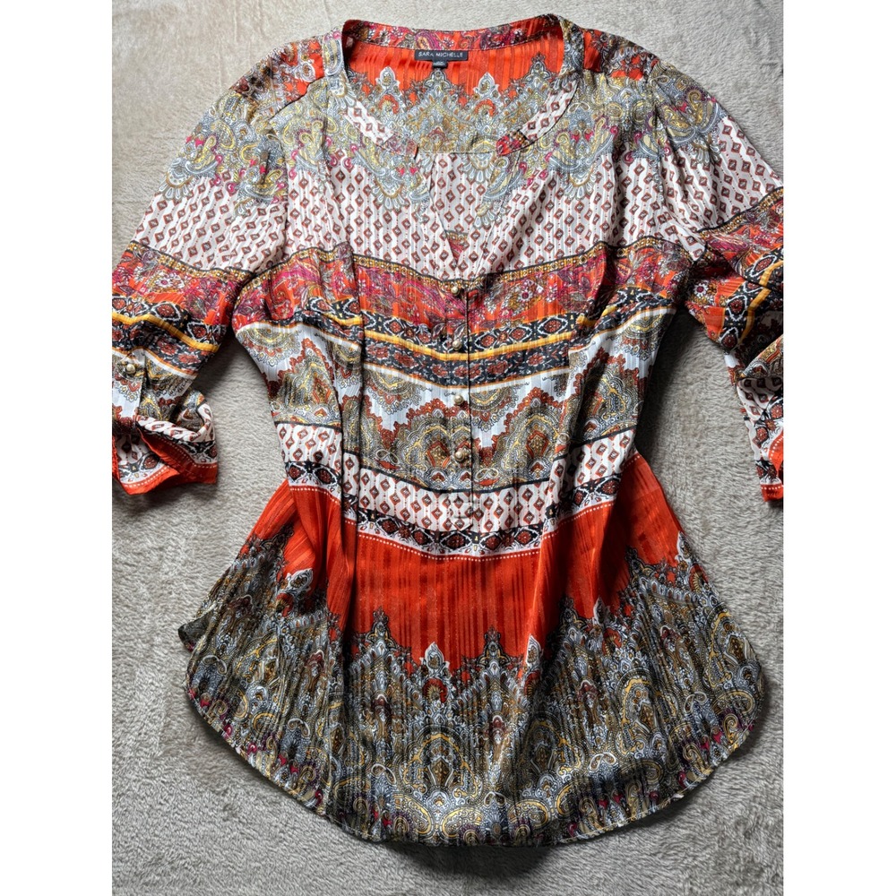Sara Michelle Womens 2X Orange Paisley Metallic Tab Sleeve Blouse Boho